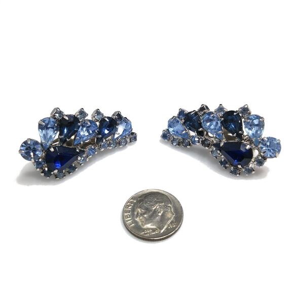 Vintage Blue Rhinestone Clip Earrings, Ear Climbers, Rhodium Plated, 1960s - Picture 10 of 10